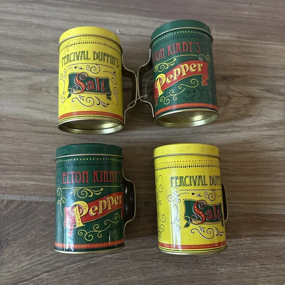 Vintage Tin Can Percival Duffin's Elton Kirby's Salt And‎ Pepper Shaker 2 Sets